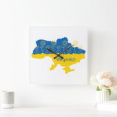 ヒマワリとウクライナ国旗を持つウクライナの地図 スクエア壁時計 (ホーム)