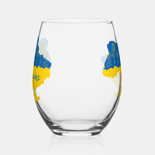 ヒマワリとウクライナ国旗を持つウクライナの地図 ステムなしワイングラス (右)