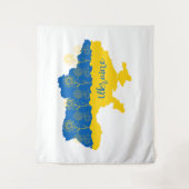 ヒマワリとウクライナ国旗を持つウクライナの地図 タペストリー (正面)