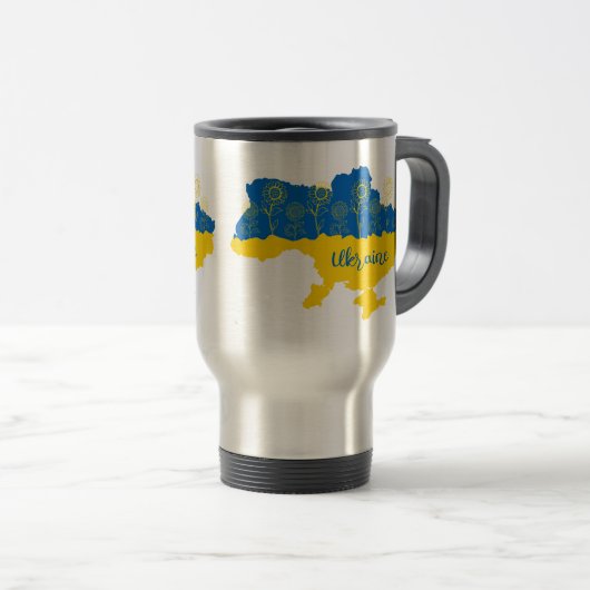 ヒマワリとウクライナ国旗を持つウクライナの地図 トラベルマグ (正面右)