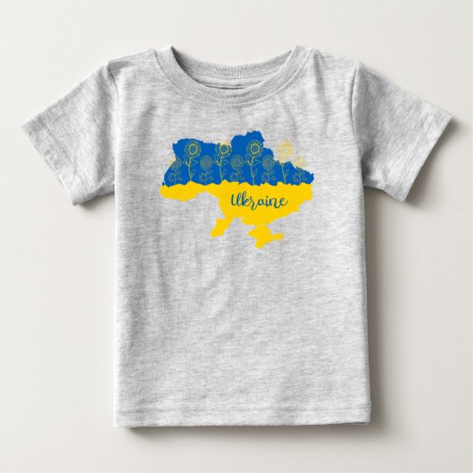 ヒマワリとウクライナ国旗を持つウクライナの地図 ベビーTシャツ (正面)