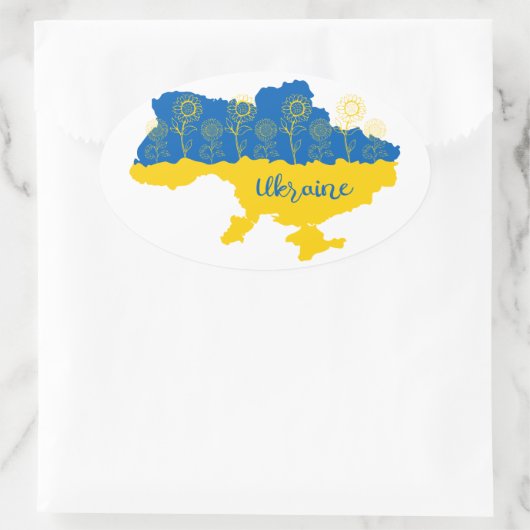 ヒマワリとウクライナ国旗を持つウクライナの地図 楕円形シール (バッグ)