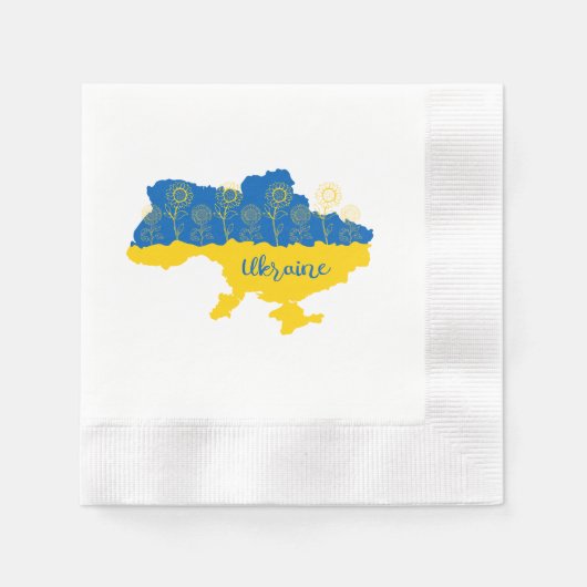 ヒマワリとウクライナ国旗を持つウクライナの地図 縁ありカクテルナプキン (正面)