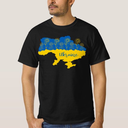 ヒマワリとウクライナ国旗を持つウクライナの地図 Tシャツ (正面)