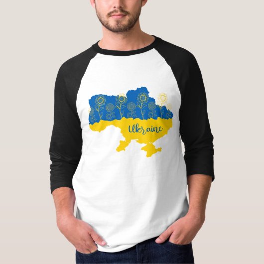 ヒマワリとウクライナ国旗を持つウクライナの地図 Tシャツ (正面)