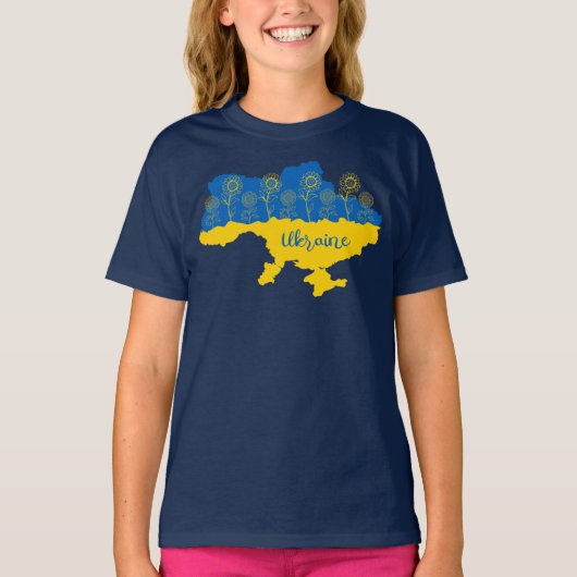 ヒマワリとウクライナ国旗を持つウクライナの地図 Tシャツ (正面)