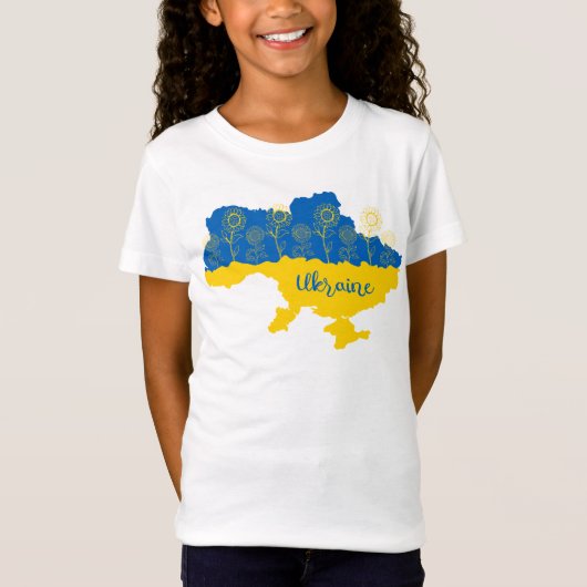 ヒマワリとウクライナ国旗を持つウクライナの地図 Tシャツ (正面)