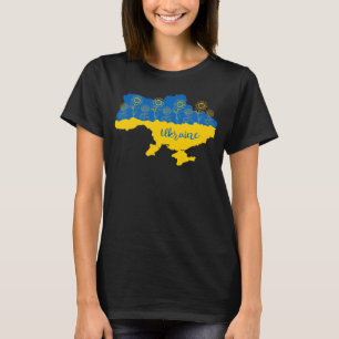ヒマワリとウクライナ国旗を持つウクライナの地図 Tシャツ