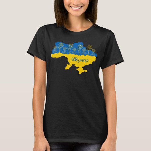 ヒマワリとウクライナ国旗を持つウクライナの地図 Tシャツ (正面)