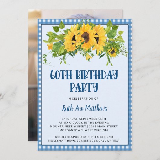 ヒマワリとギンガムの写真60th誕生日パーティー 招待状 (正面/裏面)