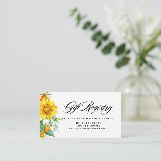 ヒマワリとシーバックソーンベビーシャワーレジストリ エンクロージャーカード (スタンド正面)
