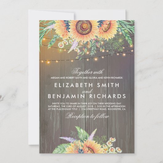 ヒマワリとストリングライト素朴ウッドズ結婚ーズ 招待状 (正面)
