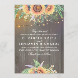 ヒマワリとストリングライト素朴ウッドズ結婚ーズ 招待状