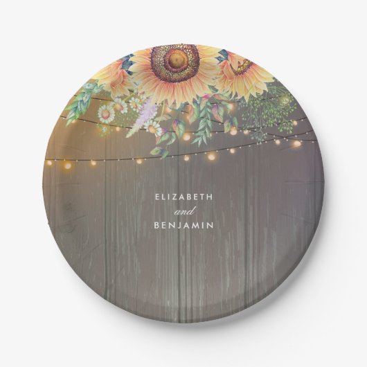 ヒマワリとストリングライト素朴カントリーバーン ペーパープレート (正面)