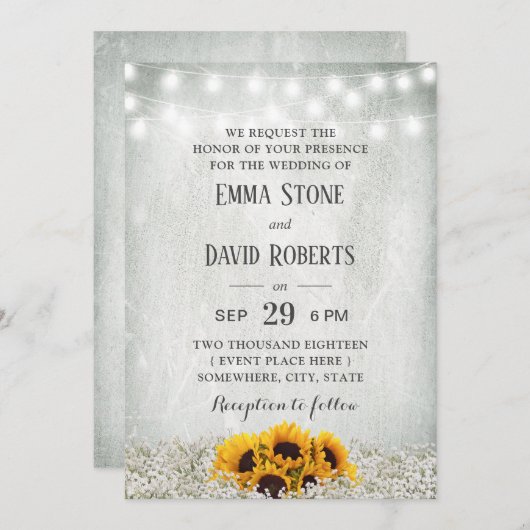 ヒマワリとストリングライト素朴フローラ結婚ズ 招待状 (正面/裏面)