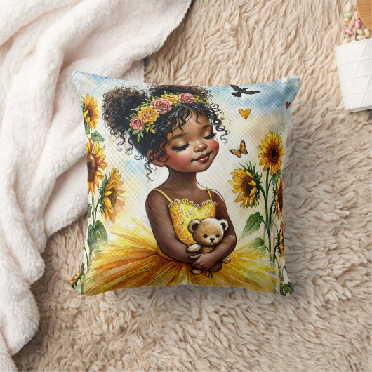 ヒマワリとテディベアの小さな黒い女の子 クッション (ブランケット)
