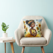 ヒマワリとテディベアの小さな黒い女の子 クッション (椅子)