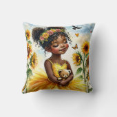 ヒマワリとテディベアの小さな黒い女の子 クッション (裏面)