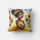 ヒマワリとテディベアの小さな黒い女の子 クッション (正面)