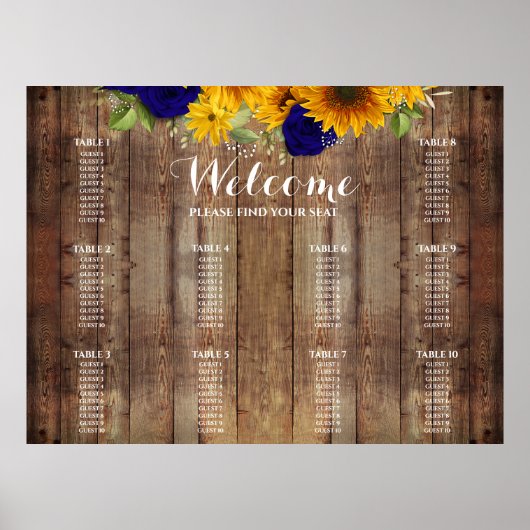 ヒマワリとネイビーのバラ結婚のシーティングチャート ポスター (正面)