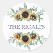 ヒマワリとネイビーブルーフローラボタニッ結婚クス ラウンドシール (正面)