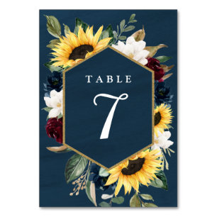 ヒマワリとネイビーブルーマグノリア結婚ブルゴーニュ テーブルナンバー