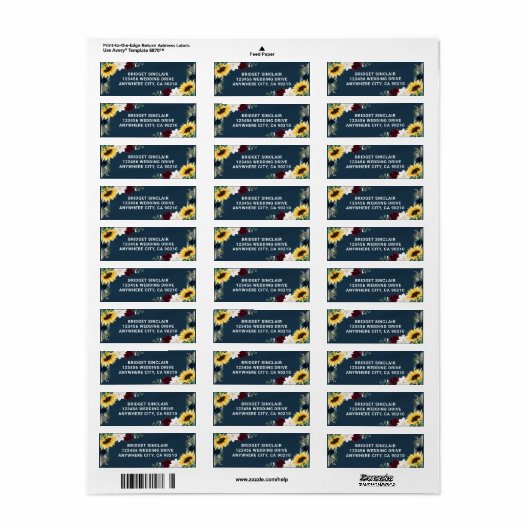 ヒマワリとネイビーブルーマグノリア結婚ブルゴーニュ ラベル (フルシート)