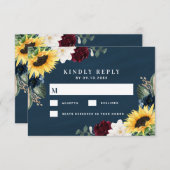 ヒマワリとネイビーブルーマグノリア結婚ブルゴーニュ 出欠カード (正面/裏面)