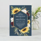 ヒマワリとネイビーブルーマグノリア結婚ブルゴーニュ 招待状 (スタンド正面)