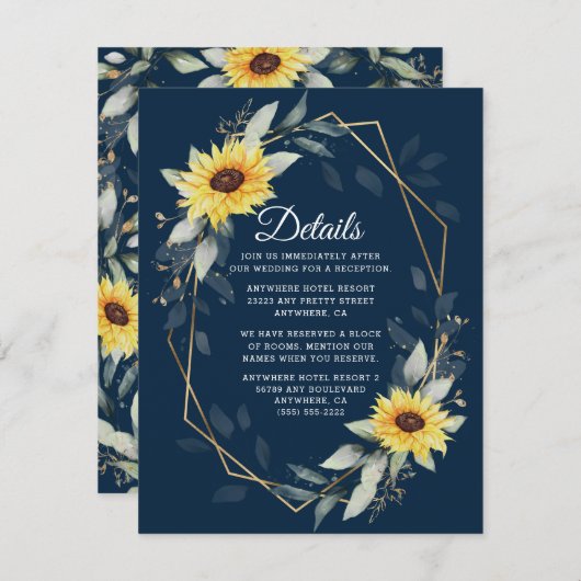 ヒマワリとネイビーブルー幾何結婚素朴体 エンクロージャーカード (正面/裏面)
