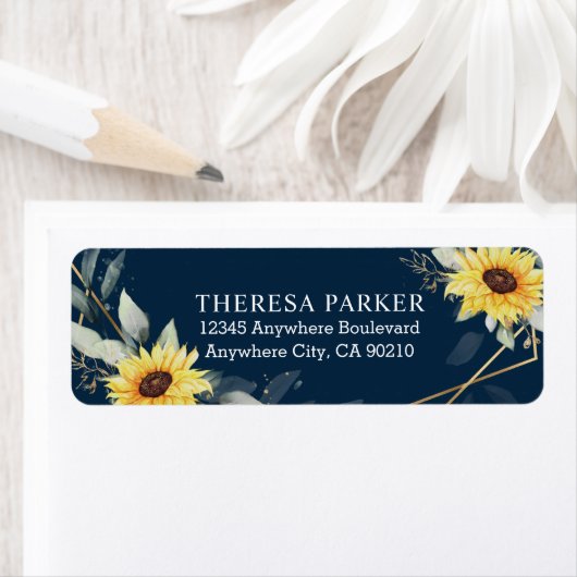 ヒマワリとネイビーブルー幾何結婚素朴体 ラベル (インサイチュ)