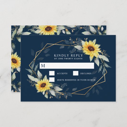 ヒマワリとネイビーブルー幾何結婚素朴体 出欠カード (正面/裏面)