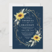 ヒマワリとネイビーブルー幾何結婚素朴体 招待状 (正面)