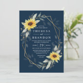 ヒマワリとネイビーブルー幾何結婚素朴体 招待状 (スタンド正面)