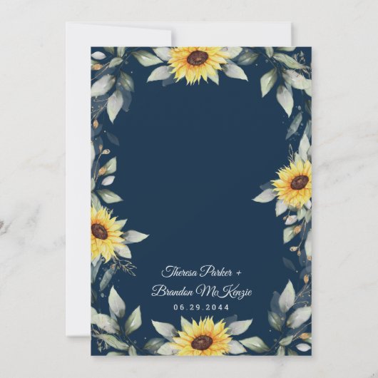 ヒマワリとネイビーブルー幾何結婚素朴体 招待状 (裏面)
