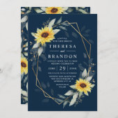 ヒマワリとネイビーブルー幾何結婚素朴体 招待状 (正面/裏面)
