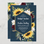 ヒマワリとネイビーブルー素朴ウォーター結婚カラー 招待状 (正面/裏面)