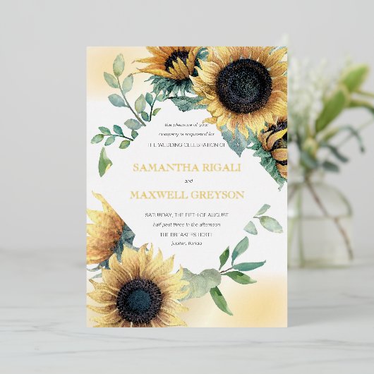 ヒマワリとネイビー素朴ブル結婚ズ 箔招待状 (立ち正面)