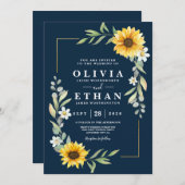 ヒマワリとネービーブルーのジオメトリ素朴ック 招待状 (正面/裏面)