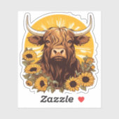 ヒマワリとハイランドの牛のイラストレーション シール (シート)