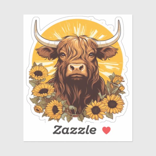 ヒマワリとハイランドの牛のイラストレーション シール (シート)