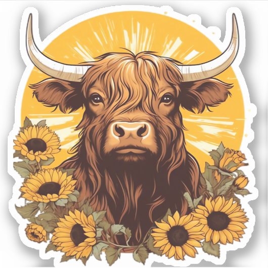 ヒマワリとハイランドの牛のイラストレーション シール (正面)