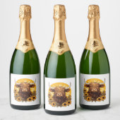 ヒマワリとハイランドの牛のイラストレーション スパークリングワインラベル (ボトル)