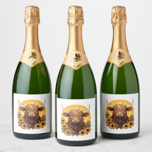 ヒマワリとハイランドの牛のイラストレーション スパークリングワインラベル (ボトル)