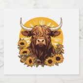 ヒマワリとハイランドの牛のイラストレーション スパークリングワインラベル (シングルラベル)