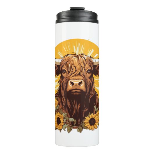 ヒマワリとハイランドの牛のイラストレーション タンブラー (正面)