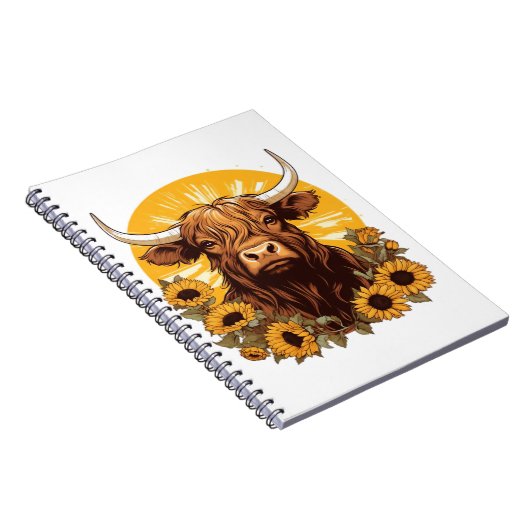 ヒマワリとハイランドの牛のイラストレーション ノートブック (右側)