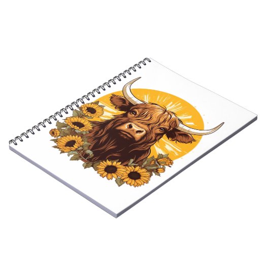 ヒマワリとハイランドの牛のイラストレーション ノートブック (左側)