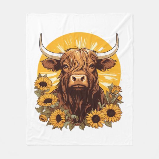 ヒマワリとハイランドの牛のイラストレーション フリースブランケット (正面)