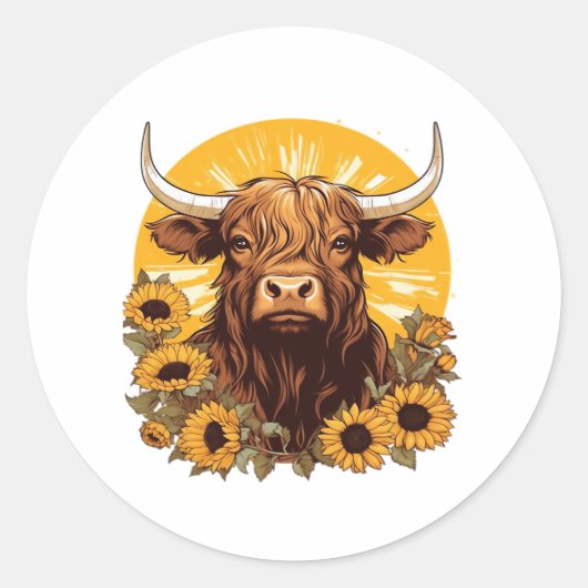 ヒマワリとハイランドの牛のイラストレーション ラウンドシール (正面)